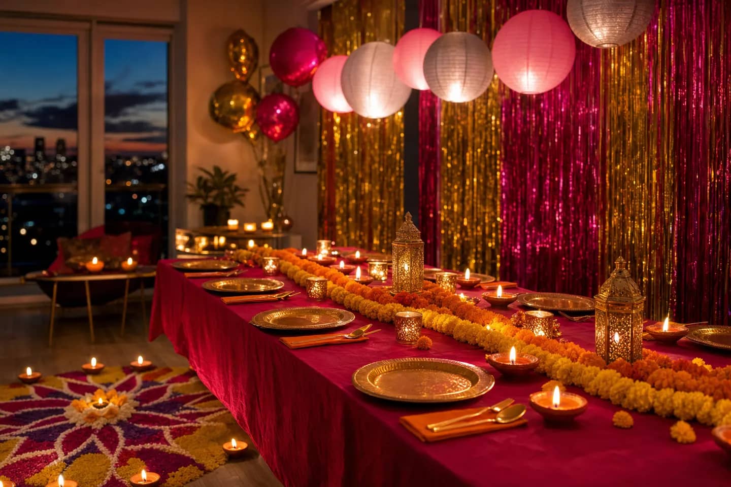 Diwali party table with gold plates, marigold garlands, diyas and paper lanterns in front of gold and fuchsia fringe curtains