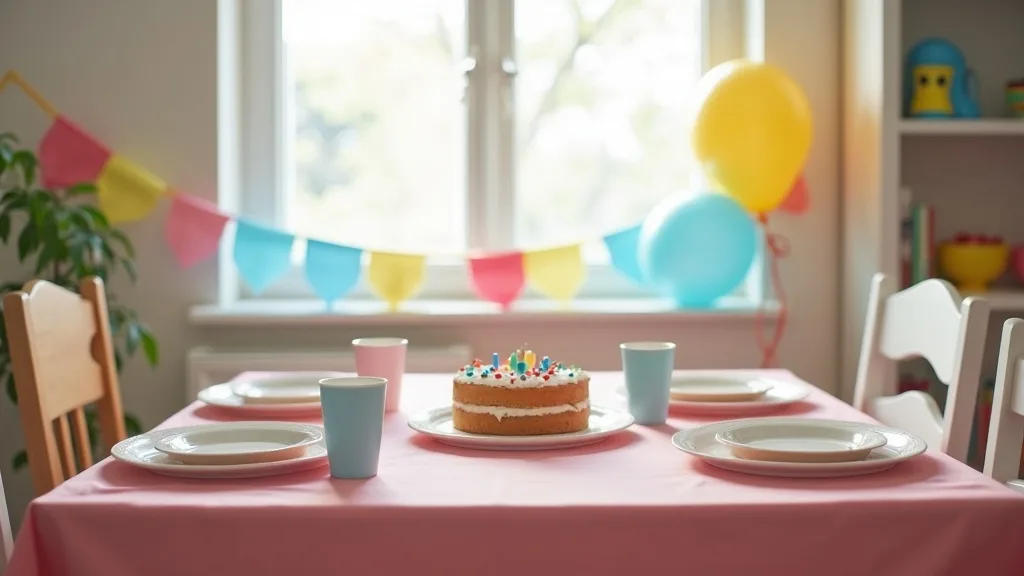 Affordable party decorations on a small apartment table with a solid colour cover, paper plates, bunting and balloons