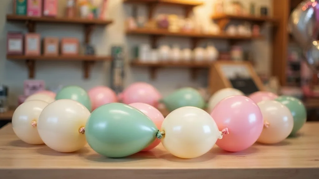A completed balloon garland resting on the shop counter ready for a customer to collect