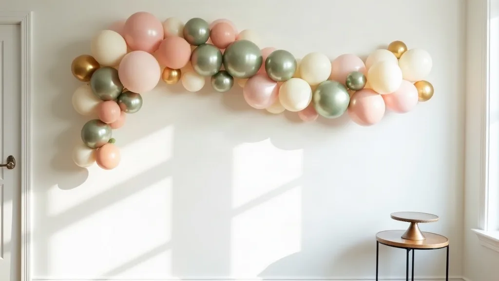 A finished balloon garland sweeping across a white wall above a cake stand in a bright room