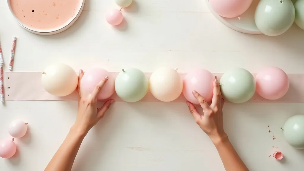 A balloon garland half built on a table, blush and sage latex balloons clustered along a decorating strip