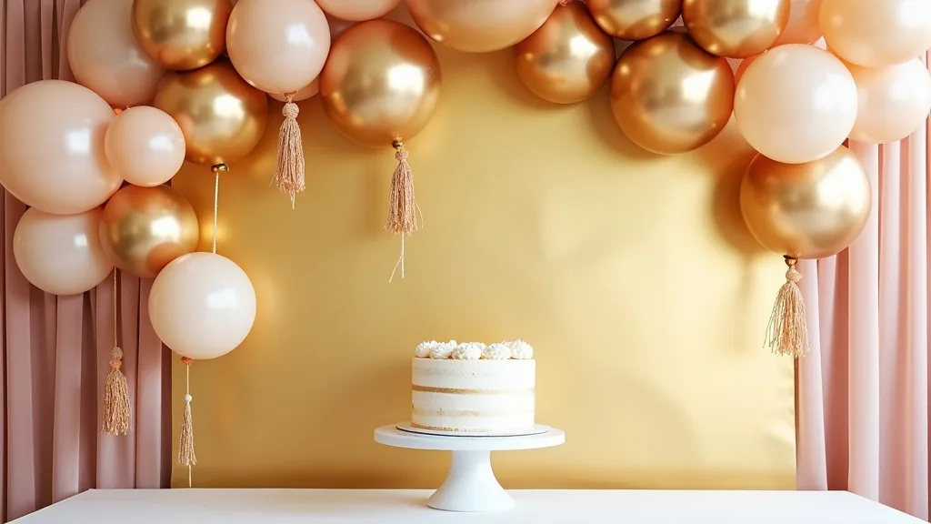 Birthday balloon arch and gold backdrop styled behind a cake table at a party setup in the GTA