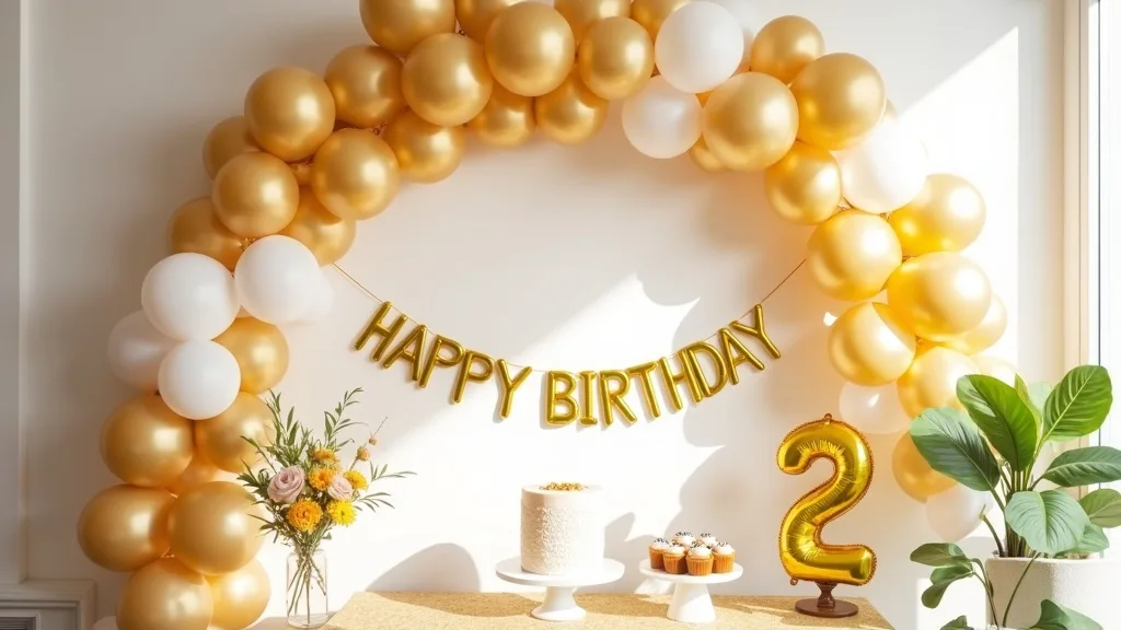 Birthday party decorations in a Toronto home with a gold balloon arch, happy birthday banner, number balloons and a styled dessert table