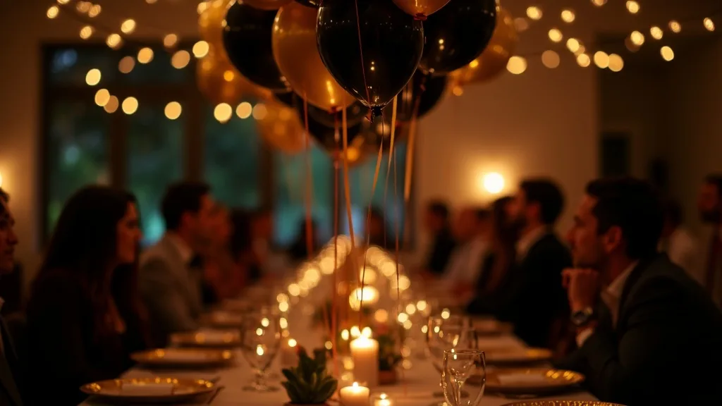 Black and gold balloons floating at ceiling height above a long dinner table lit by warm string lights at an evening party