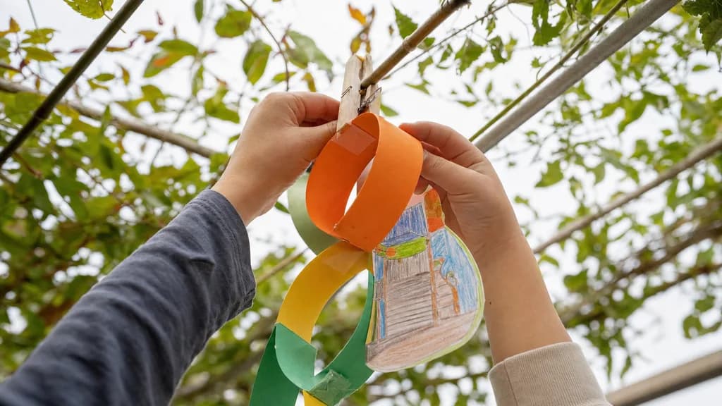 Two children's hands clipping a paper chain and a hand drawn decoration onto the branch roof of a sukkah