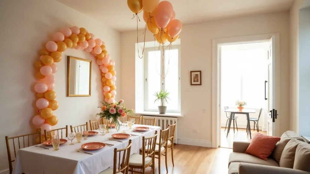 A Toronto dining room decorated with a balloon garland focal wall, a set table, ceiling balloons and a decorated doorway