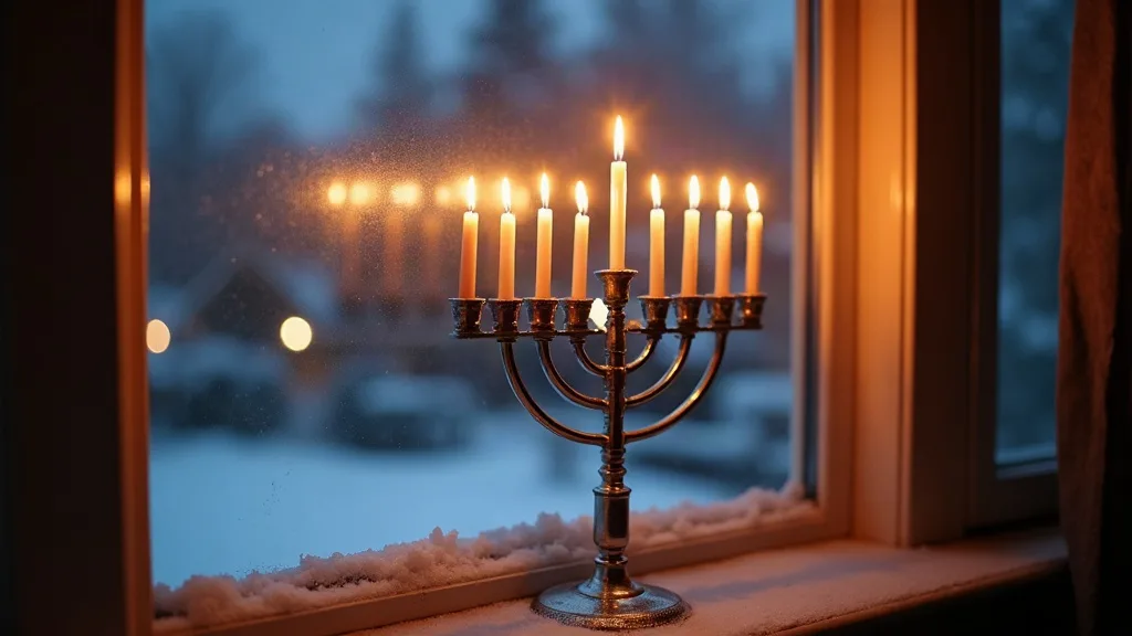 Hanukkah decorations at a snowy front window with a nine branched menorah fully lit on the sill at dusk