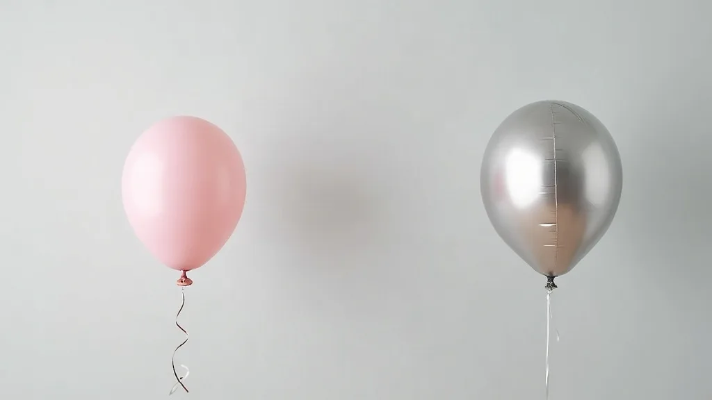 A pink latex balloon floating low beside a silver foil balloon floating high against a plain grey wall