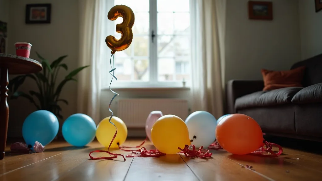 Latex balloons resting on a living room floor the morning after a party while a gold foil number balloon still floats at ceiling height