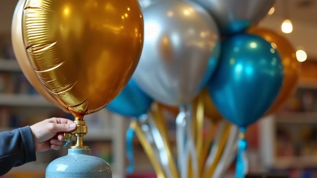 Helium balloons being filled at a party store counter, a gold foil balloon on the cylinder nozzle with a bouquet floating behind