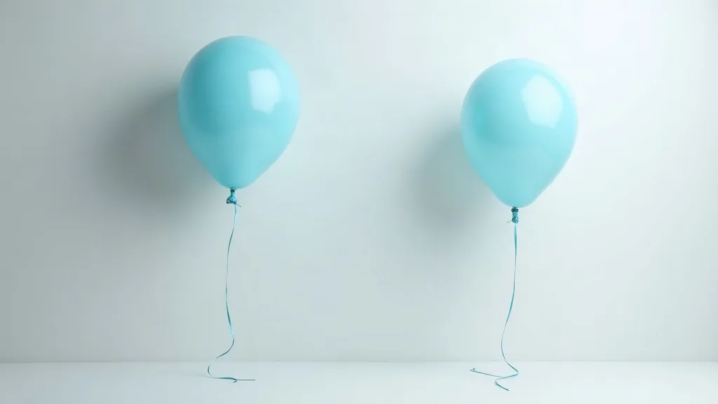 Two identical pale blue latex balloons side by side against a plain grey wall, indistinguishable from each other