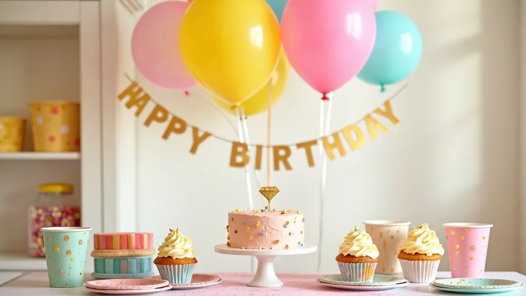 Kids birthday party decorations on a dessert table in a GTA home with balloons, cupcake toppers and themed tableware