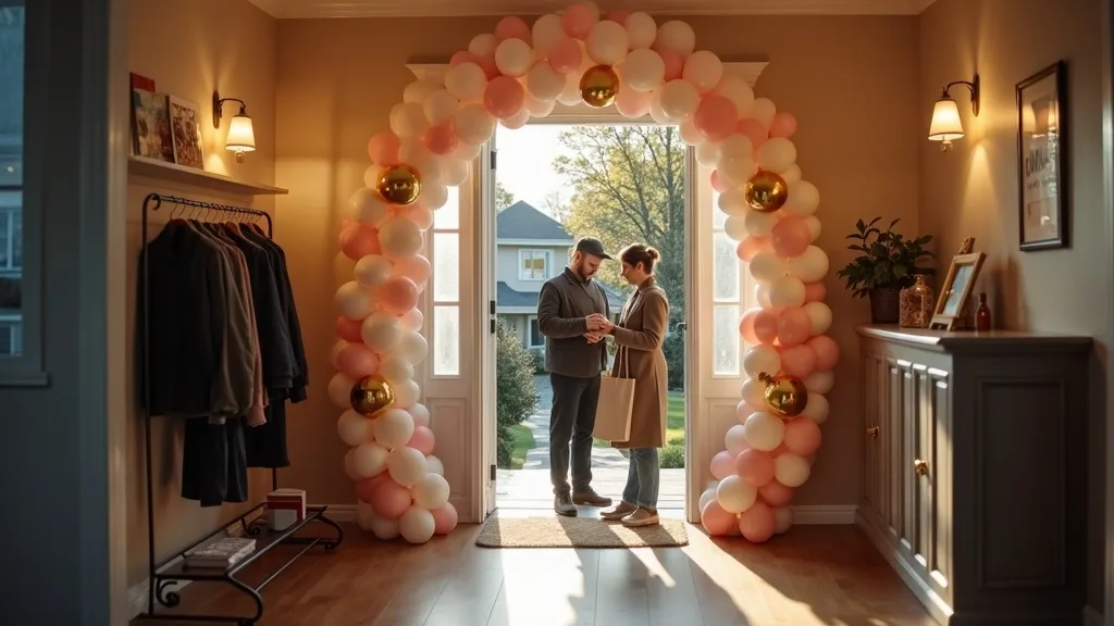 A decorated front entry hall with a pink white and gold balloon garland around the doorway as guests arrive at a party