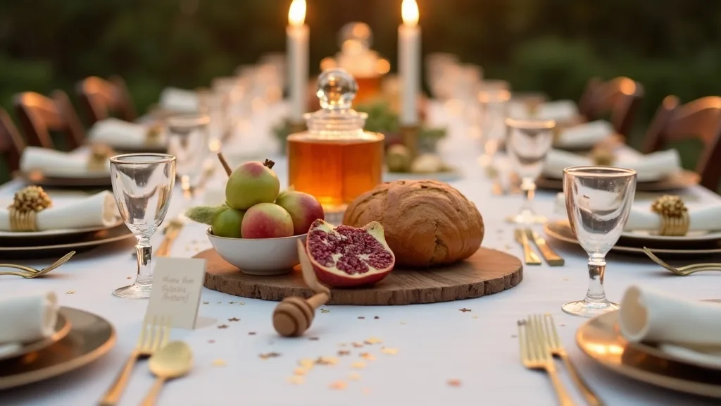 Rosh Hashanah table decorations in gold and white with a honey pot, sliced apples, round challah and place cards