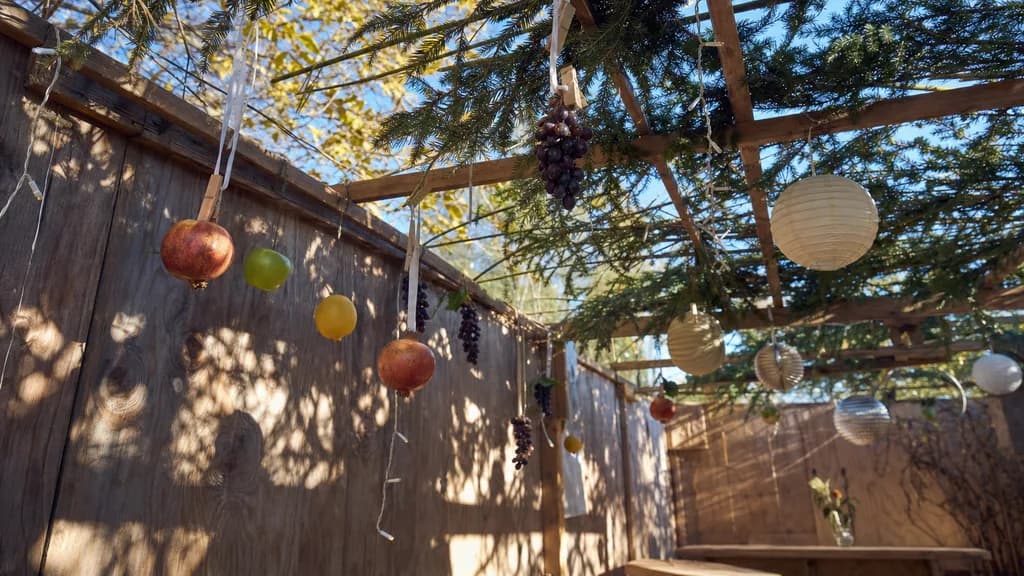 Sukkah decorations hanging from a branch roof, with pomegranates, green apples, lemons, grape clusters and paper lanterns on ribbons