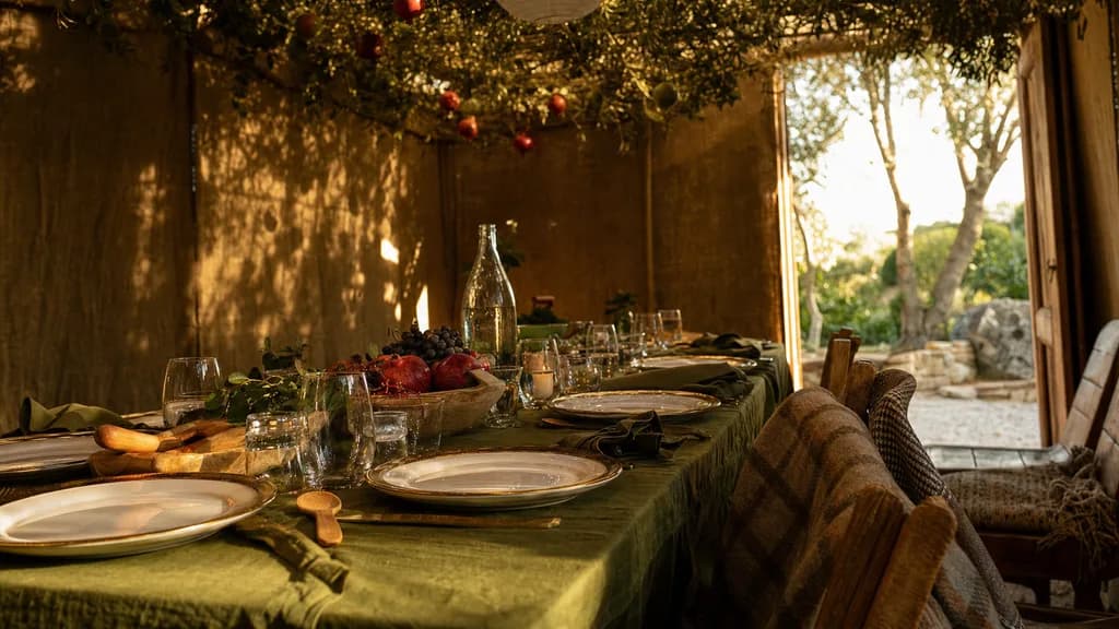 A sukkah table set for dinner with gold plates, green napkins, pomegranates and grapes, under a branch roof hung with fruit and a paper lantern