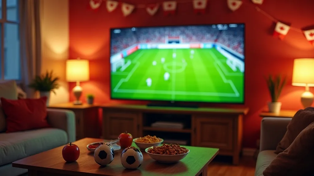 World Cup watch party decorations in a Toronto living room with Canada flag bunting, soccer ball balloons and snack bowls