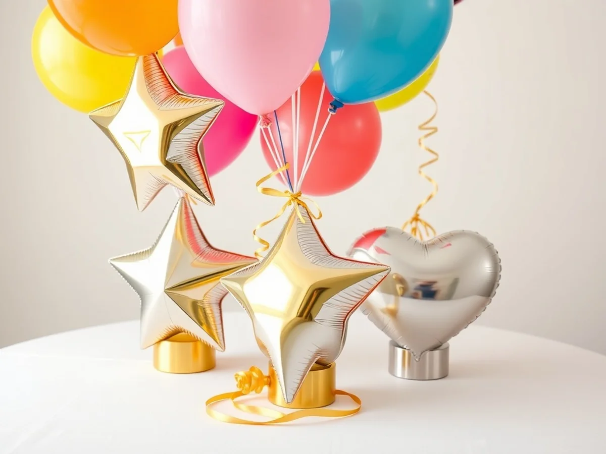 Gold and silver balloon weights with curling ribbon anchoring a helium balloon bouquet on a party table