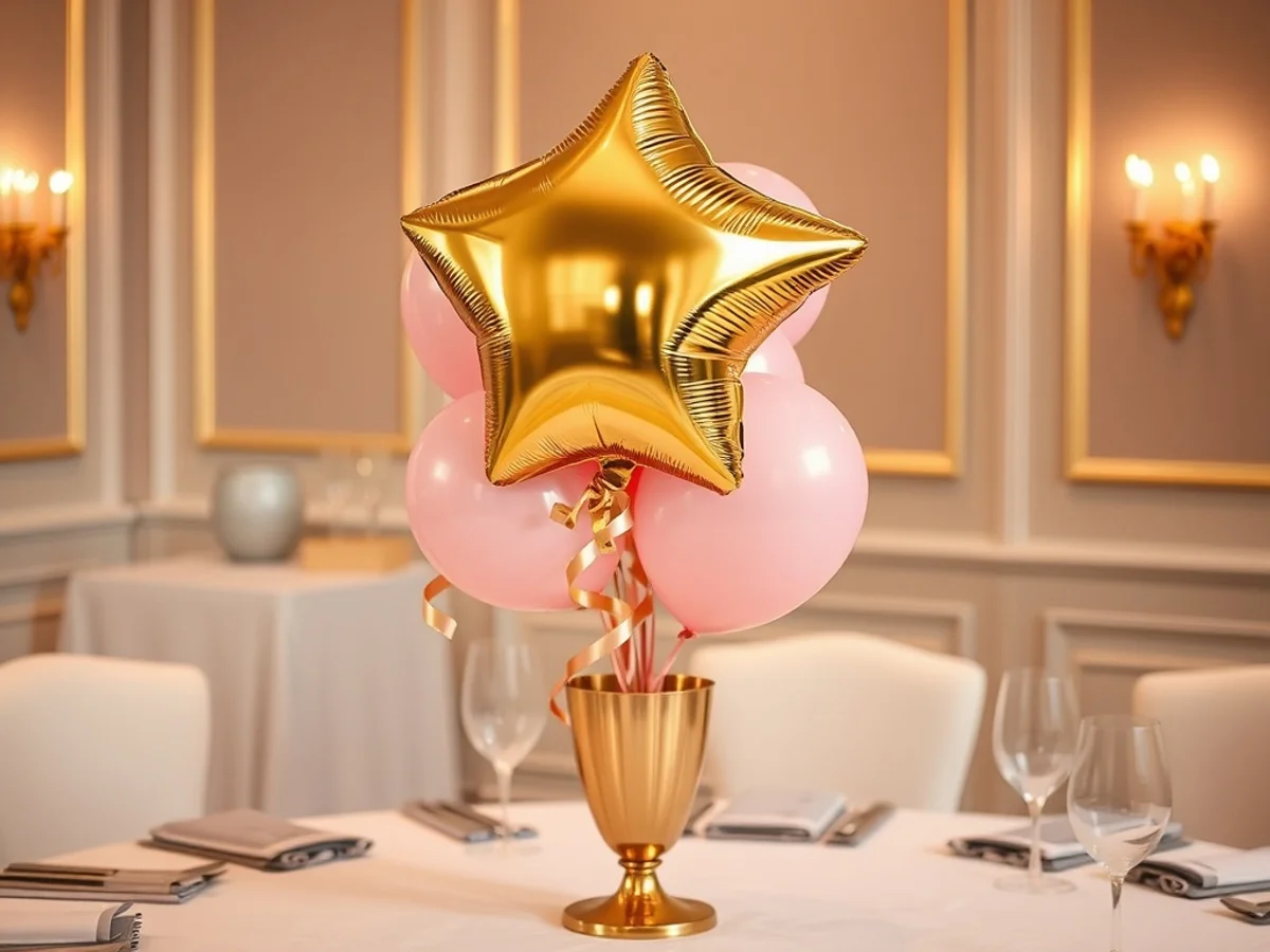 Curated balloon bouquet centrepiece with gold foil and pink latex balloons on a decorated table