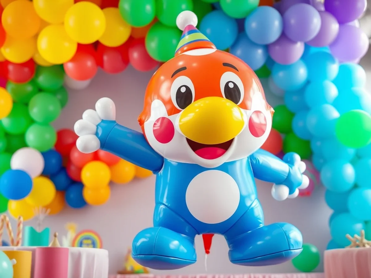 Giant airwalker character balloon standing beside a themed kids' birthday party table setup