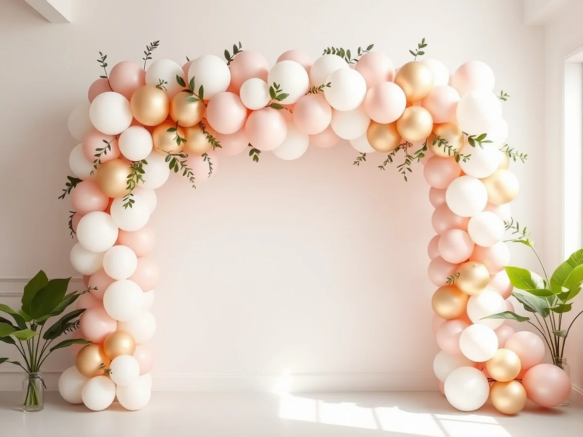 Colourful latex balloon garland arch in blush, white and gold for a birthday celebration