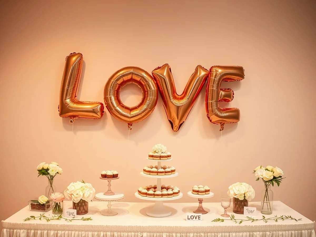 Rose gold foil letter balloons spelling a name on a styled party dessert table