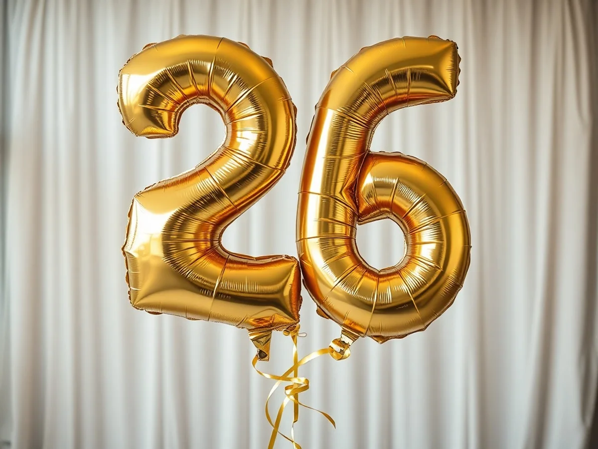 Giant gold foil number balloons spelling a milestone age against a decorated party backdrop
