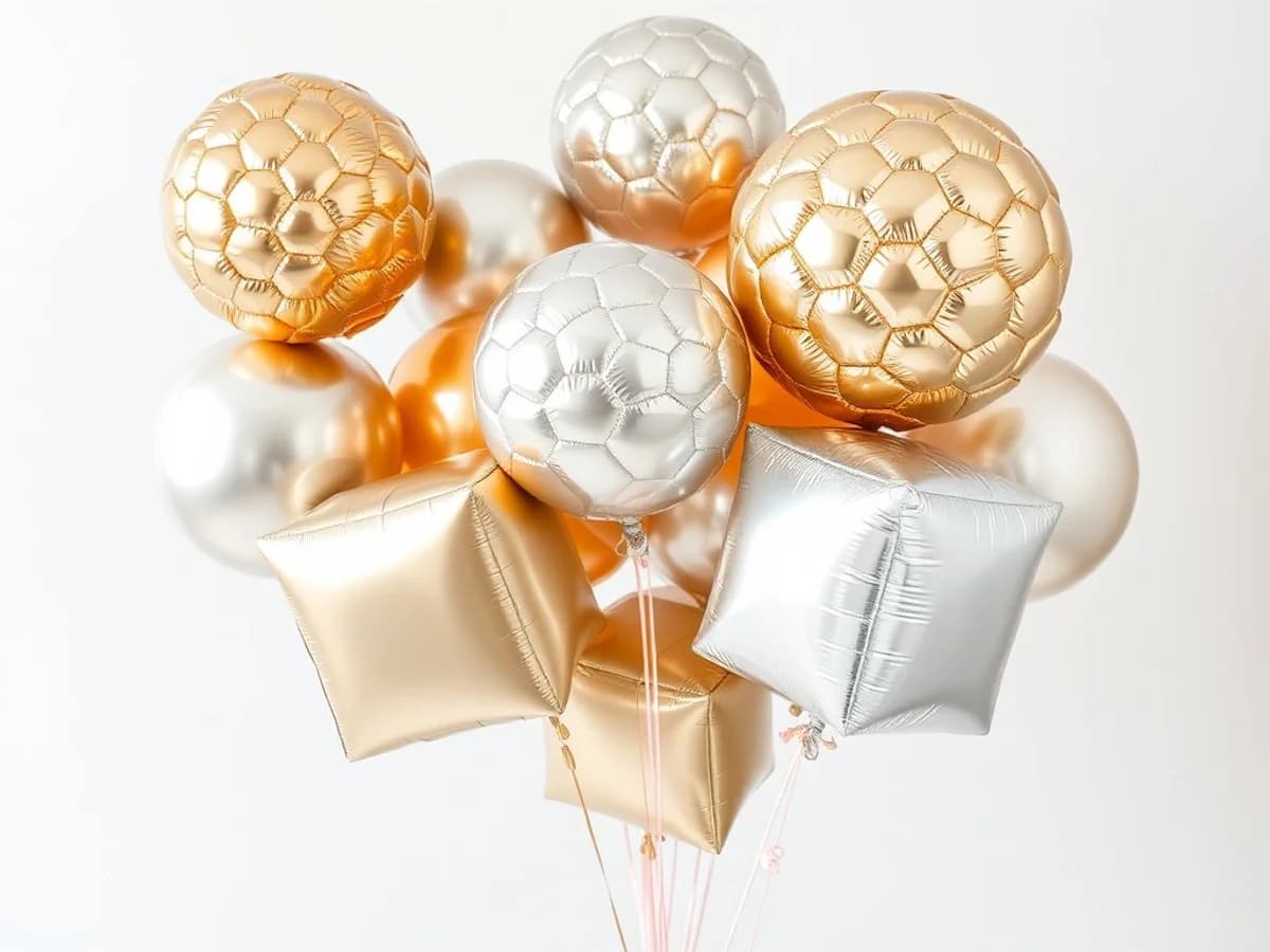 Metallic Orbz and Cubez geometric foil balloons in gold and silver floating at a modern party