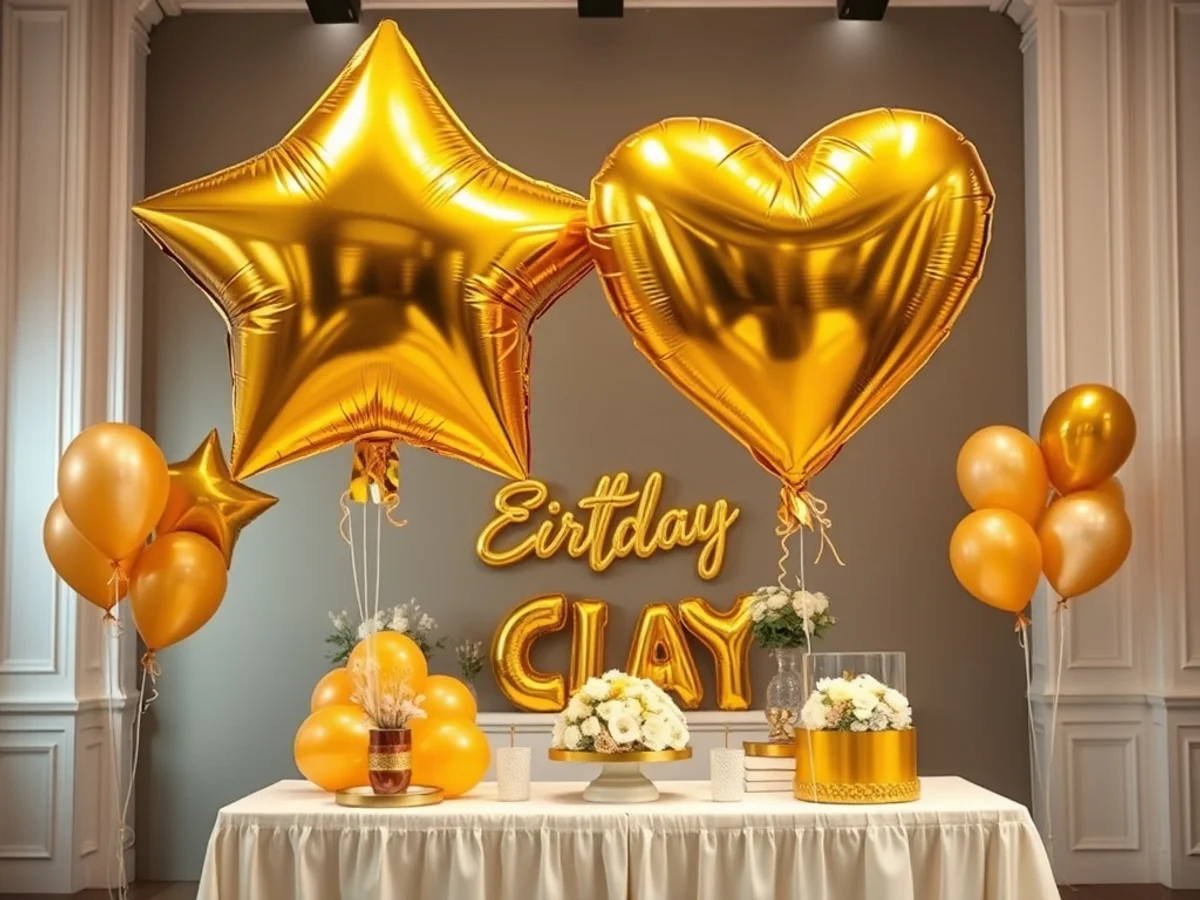 Large gold star and heart supershape foil balloons floating at an elegant birthday celebration
