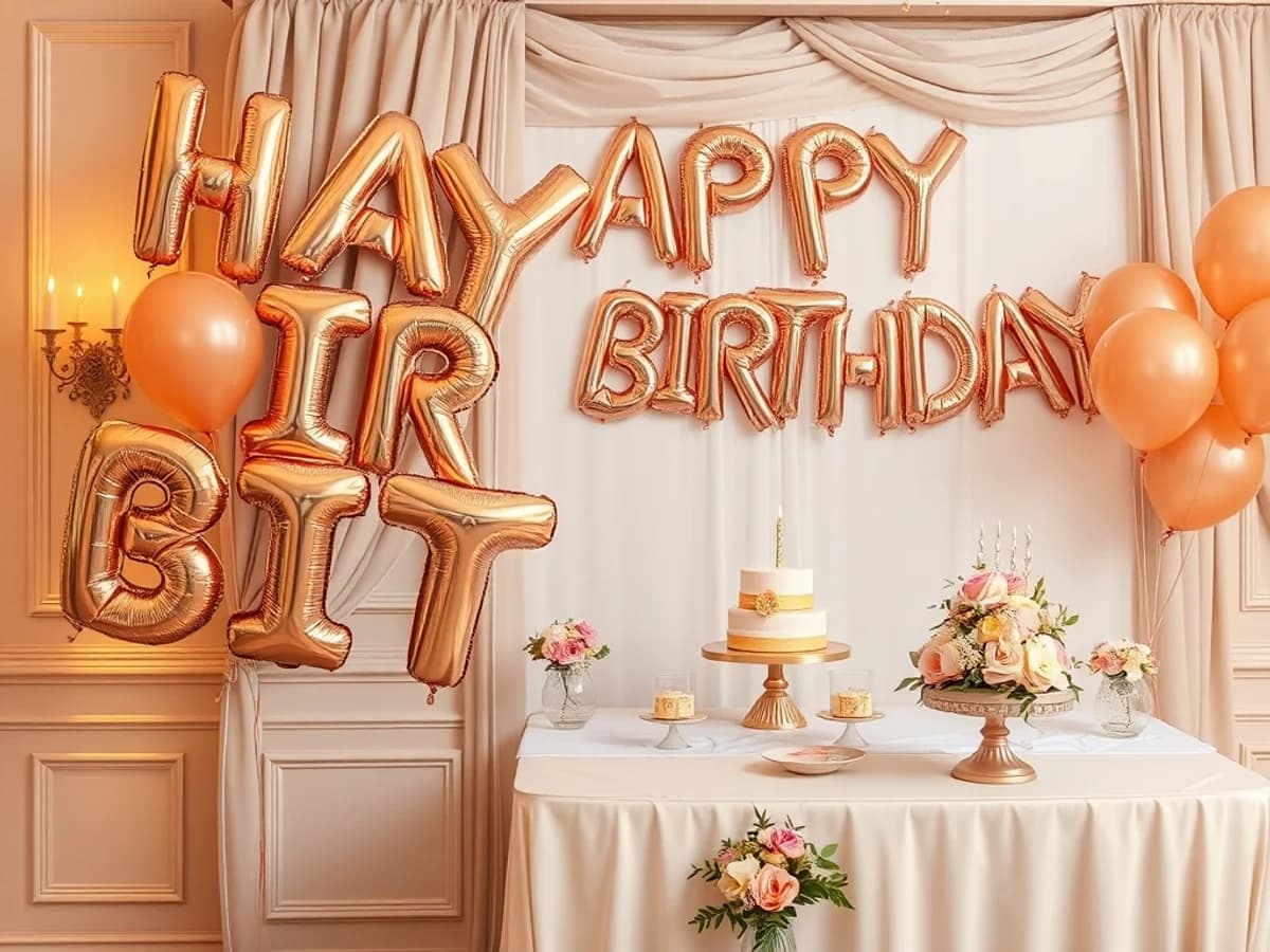 Rose gold 'Happy Birthday' foil word balloon beside a styled dessert table at a celebration