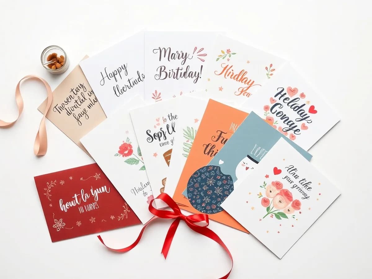 Assorted greeting cards for birthdays, holidays and celebrations displayed on a card rack