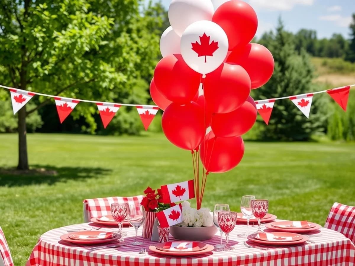 Canada Day outdoor celebration with red and white balloons, Canadian flag decorations and festive tableware