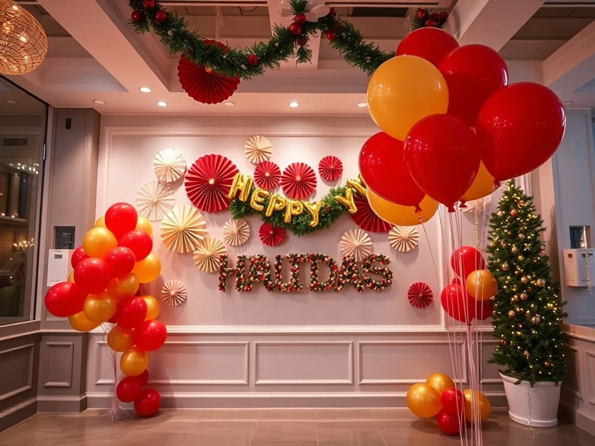 Festive Christmas party room decorated with red and gold balloon clusters, paper fans and holiday banner
