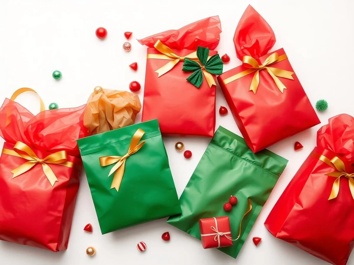 Festive Christmas loot bags in red and green with ribbon and tissue paper ready for a holiday party