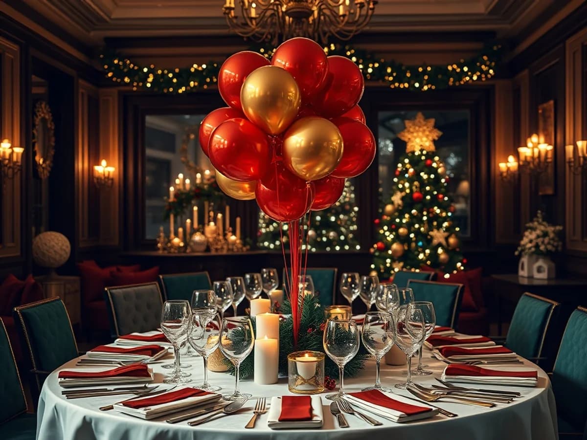 Festive Christmas party table with red and gold decorations, tableware and Christmas balloon centrepiece
