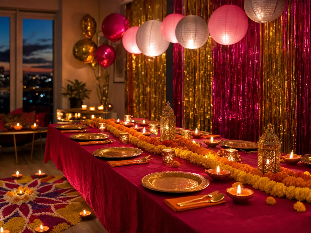 Diwali party table with gold plates, marigold garlands, diyas, paper lanterns and gold and fuchsia fringe curtains