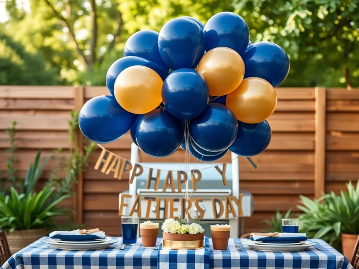 Father's Day celebration table with navy and gold balloons, Happy Father's Day banner and BBQ-ready tableware
