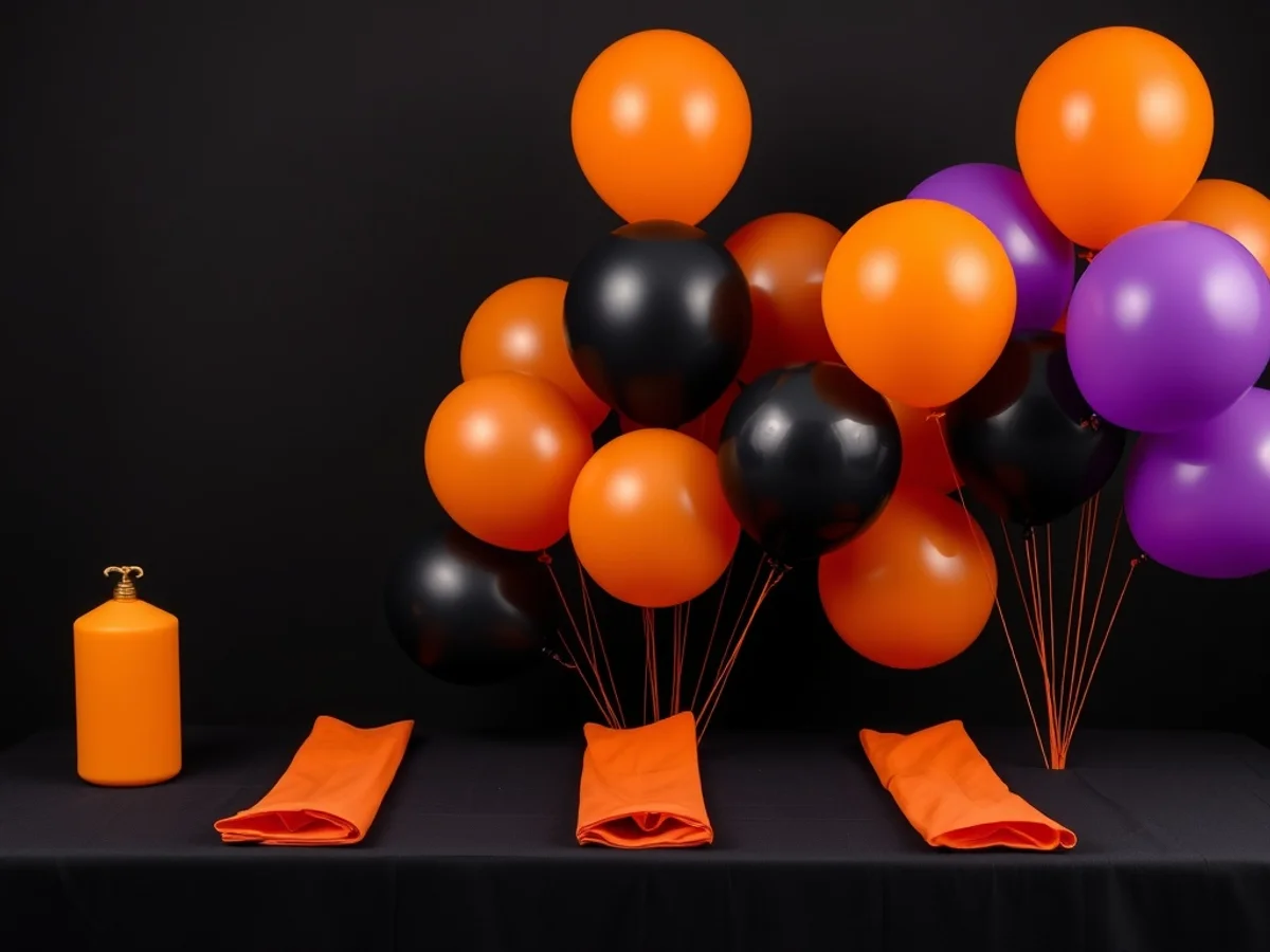 Solid orange and black Halloween balloons and table decor arranged for a cohesive Halloween party display