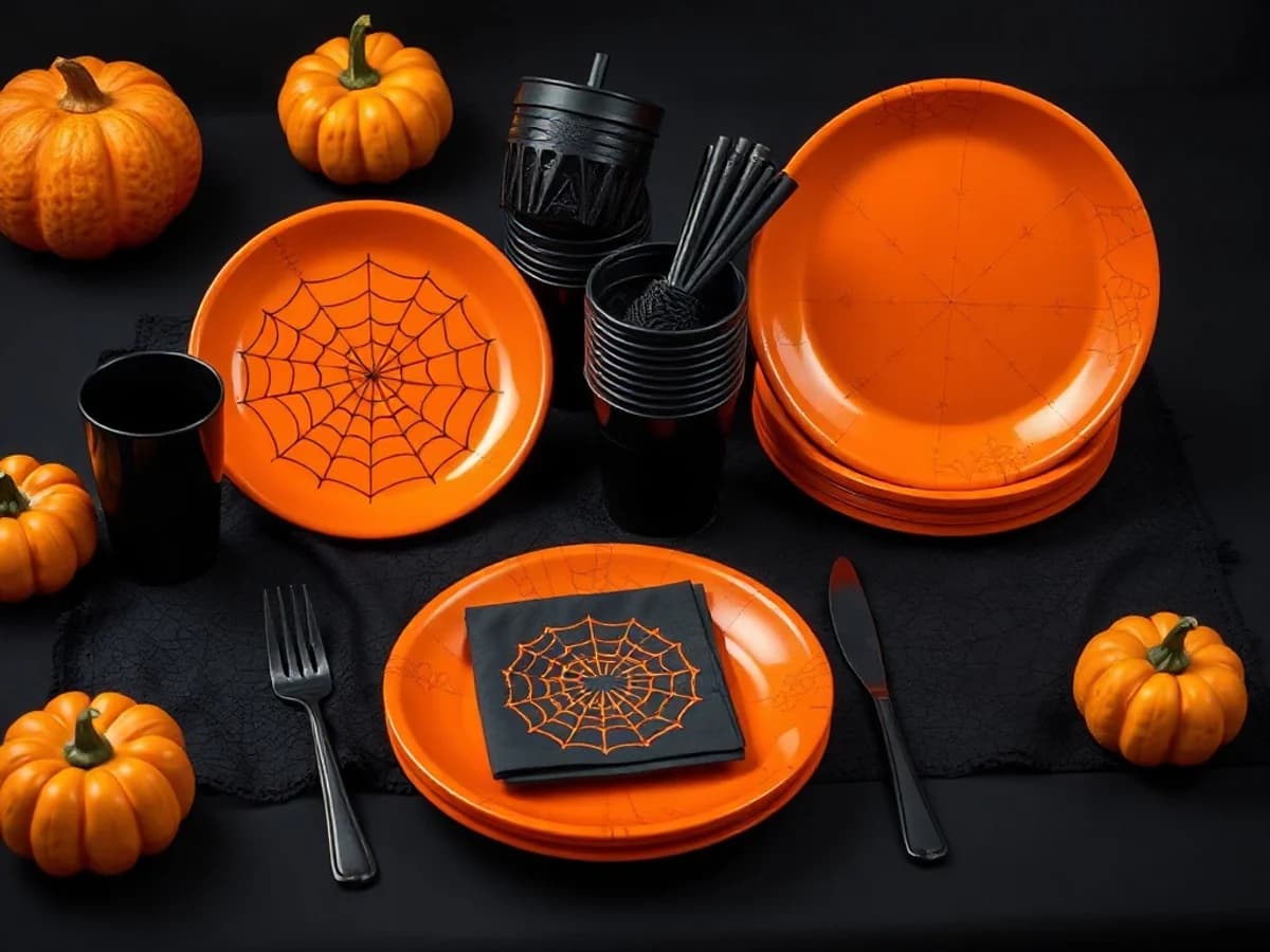 Halloween party table with spooky orange and black plates, cups and napkins on a black tablecloth