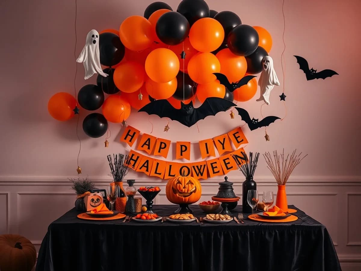 Festive Halloween party setup with orange and black balloons, spooky decorations and themed tableware