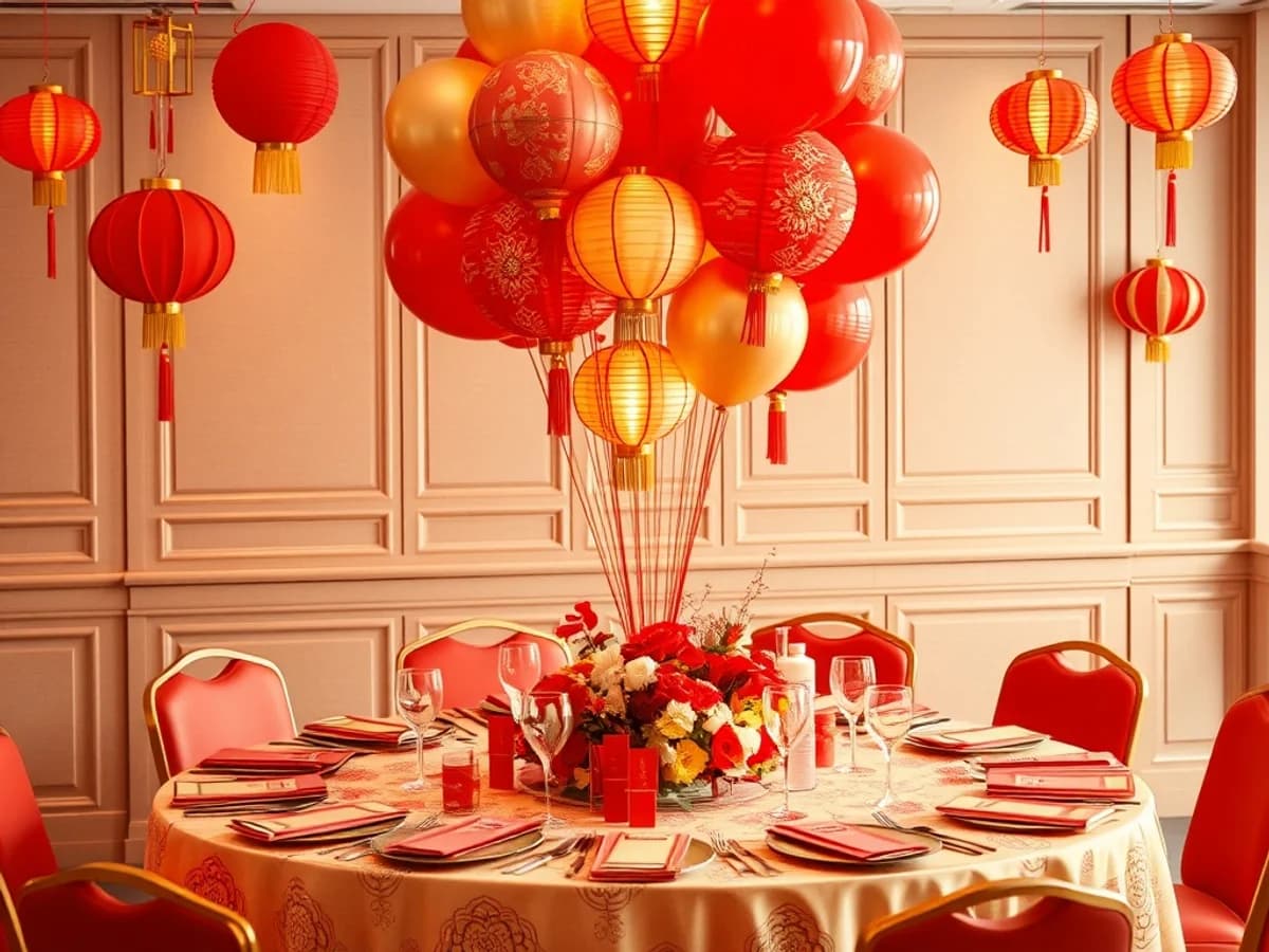 Vibrant Lunar New Year celebration table with red and gold balloons, lantern decorations and festive tableware