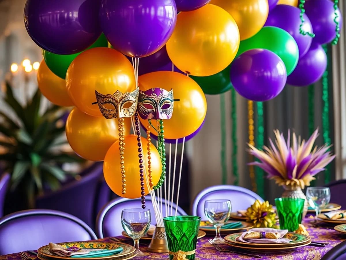 Vibrant Mardi Gras party setup with purple, gold and green balloons, masquerade masks and festive tableware