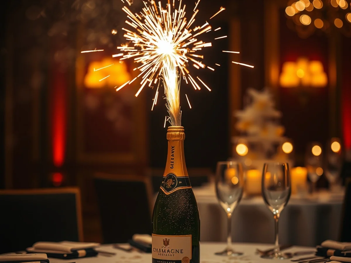 Bottle sparkler producing brilliant gold sparks above a champagne bottle at a New Year's celebration table