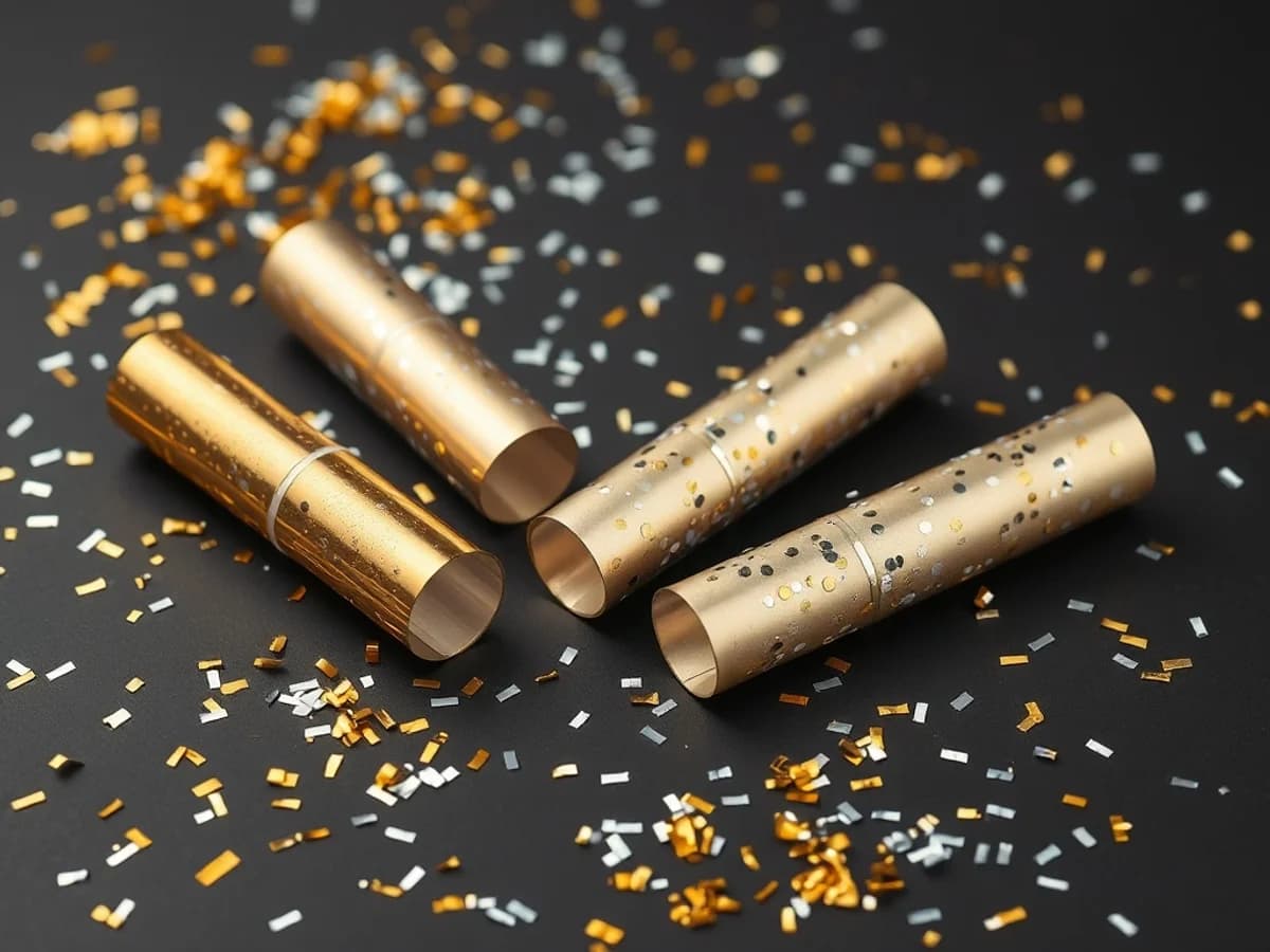 Gold and silver confetti party poppers for a New Year's Eve midnight celebration moment