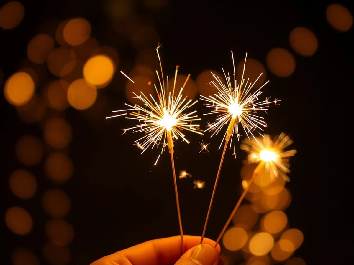 Gold celebration sparklers glowing warmly at a New Year's Eve or wedding send-off outdoor event