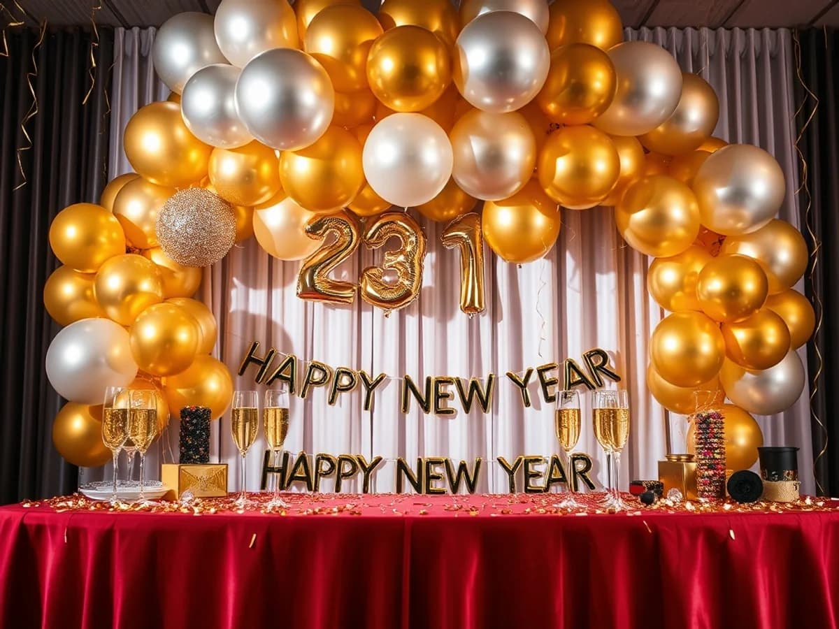 New Year's Eve party table with gold and silver balloons, Happy New Year banner and countdown accessories