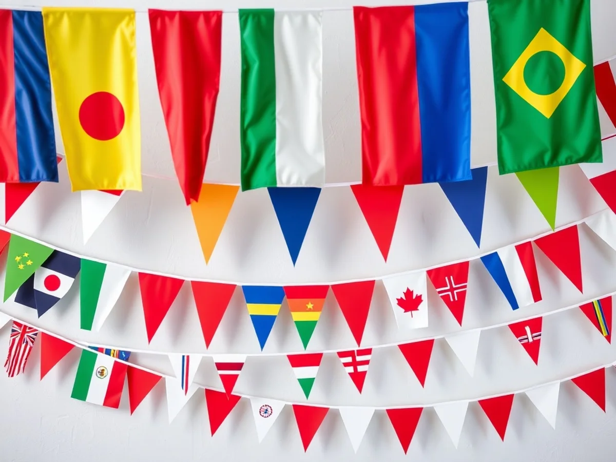 Colourful national flag bunting and pennants displayed for an international sports celebration party