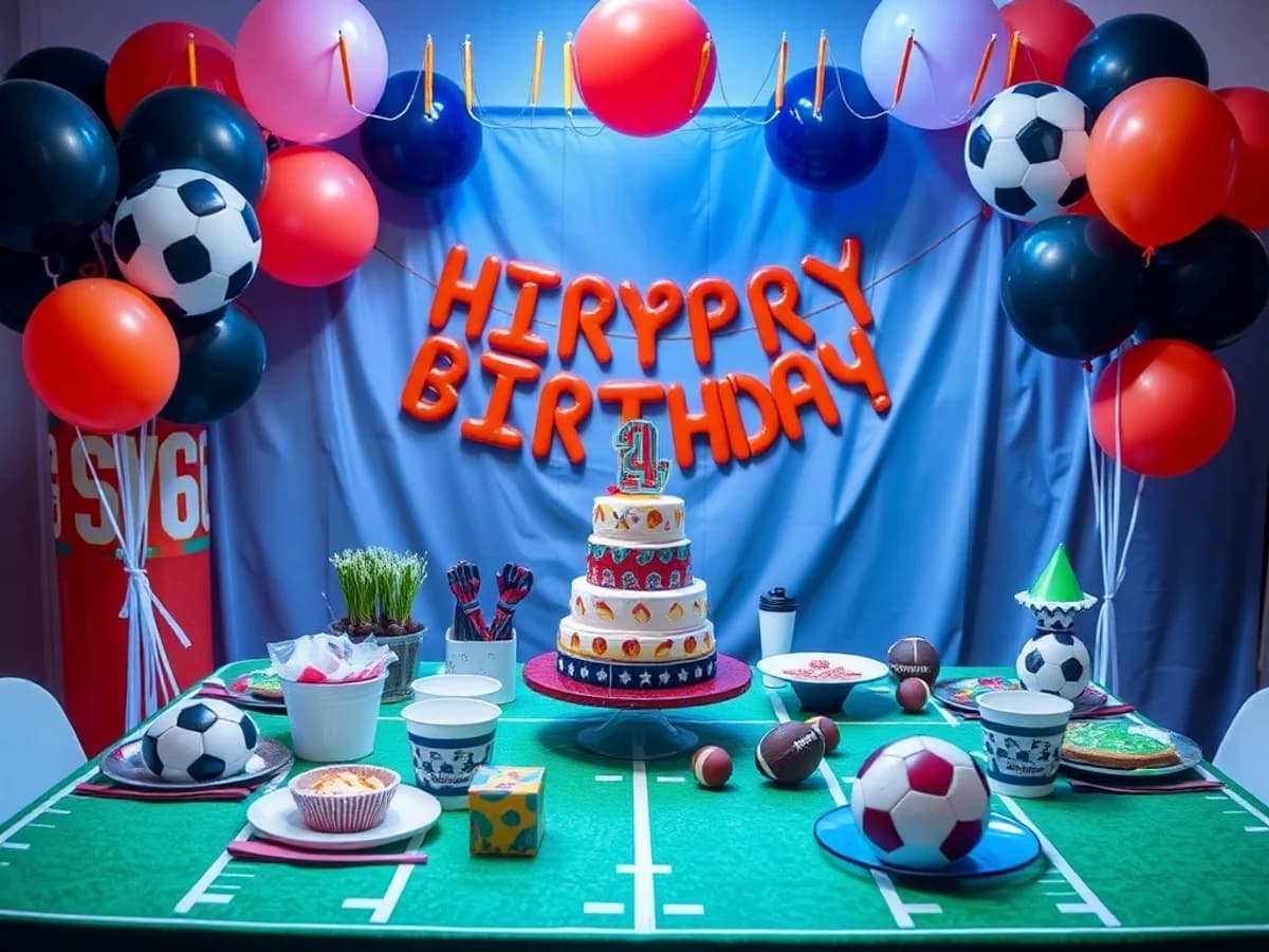 Sports-themed party table with hockey and football motif tableware, team colour balloons and game day decorations