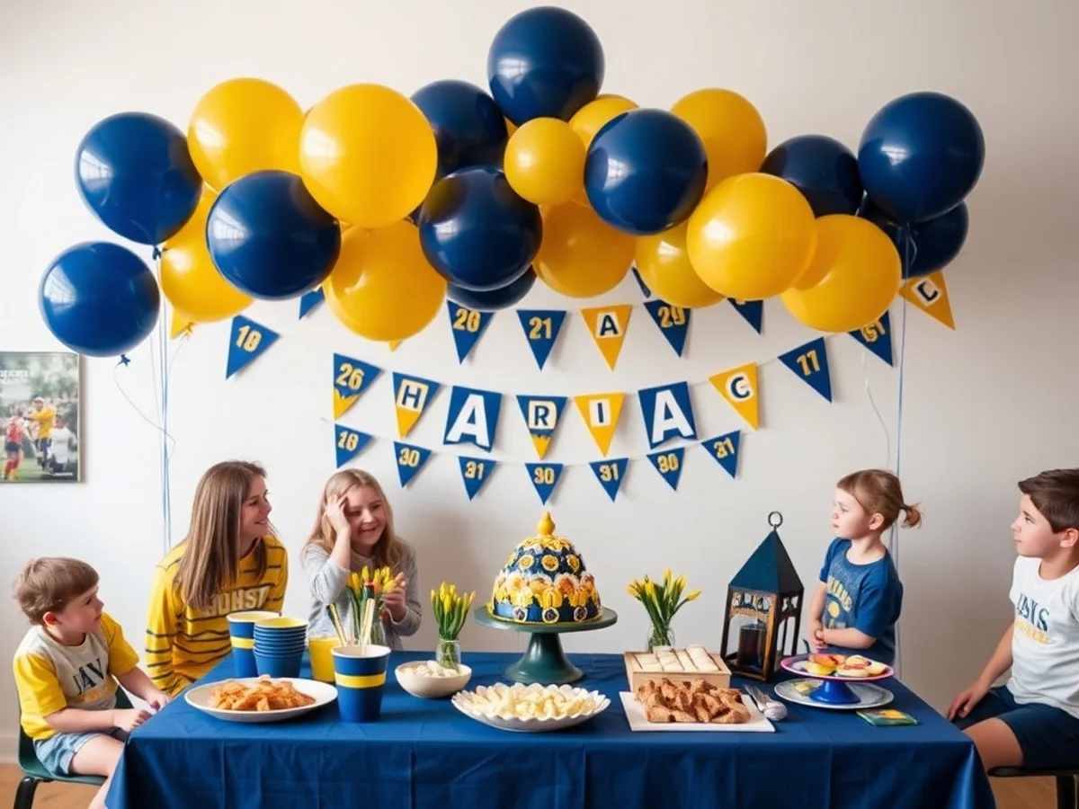 Sports-themed party setup with team colour balloons, flag decorations and game day tableware