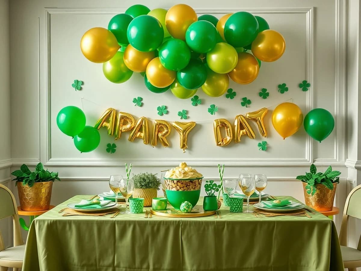 St. Patrick's Day party setup with green and gold balloons, shamrock decorations and Irish-themed tableware